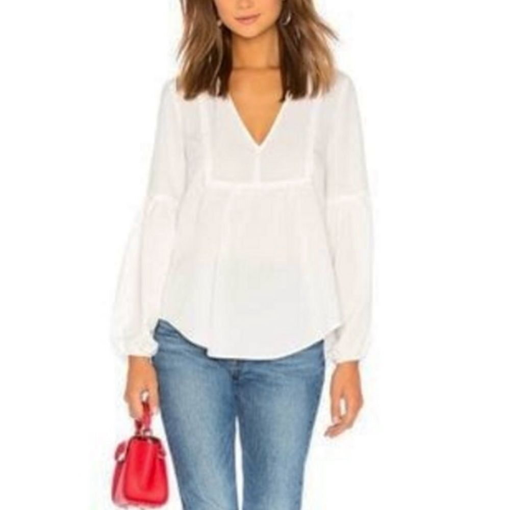 Revolve AMUSE Society Stood Up Woven Top Balloon Sleeve Ruffle Trim White Size S